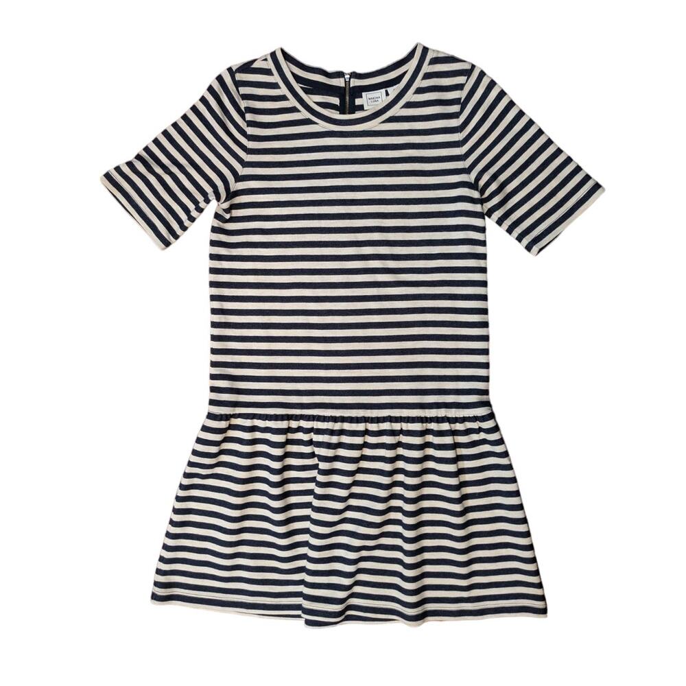 Marina Luna Navy Blue Ivory Striped Cotton Stretch Dress Size M
